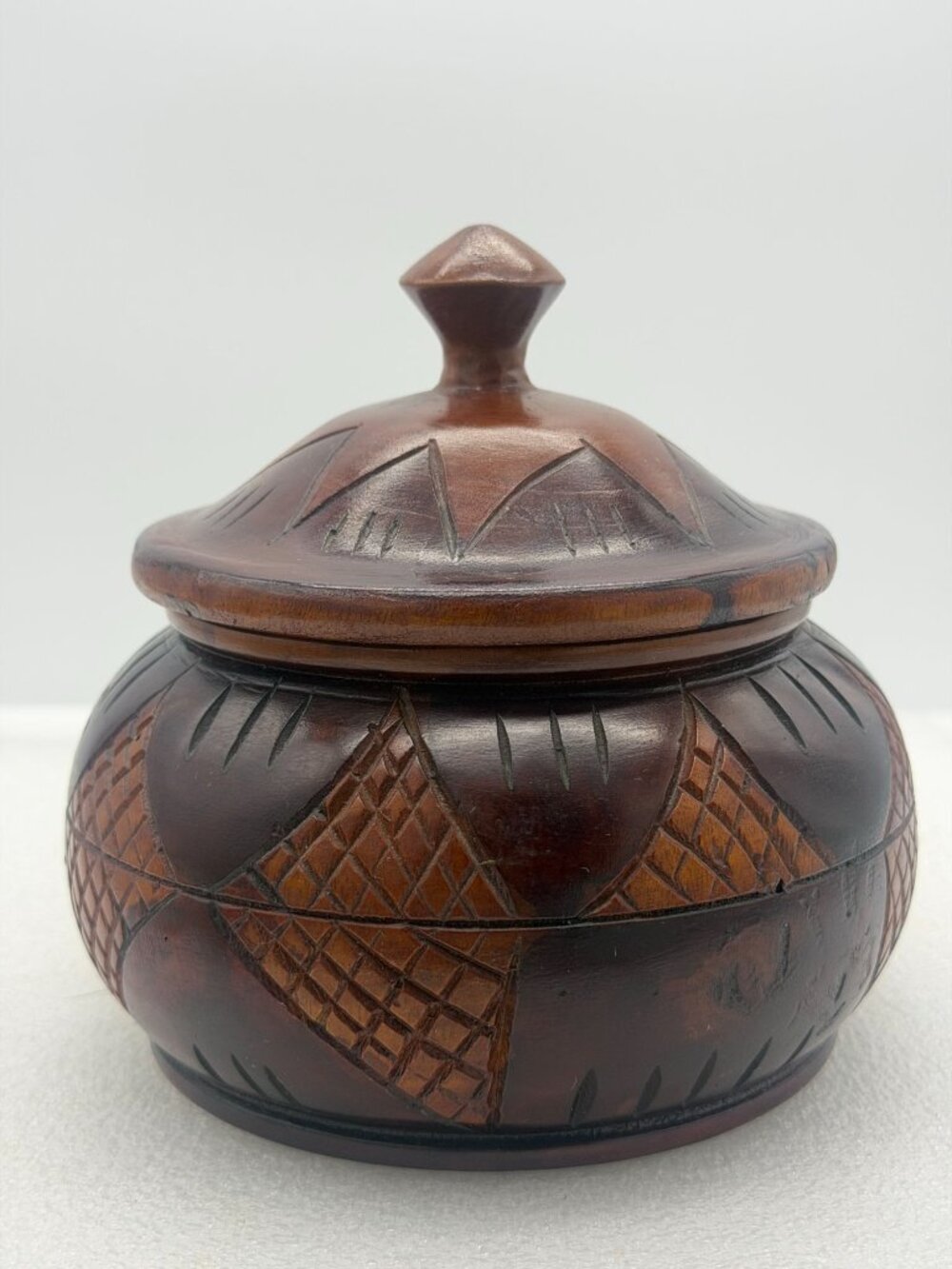 Vintage Hand Carved Lidded Round Wood Bowl Trinket Dish